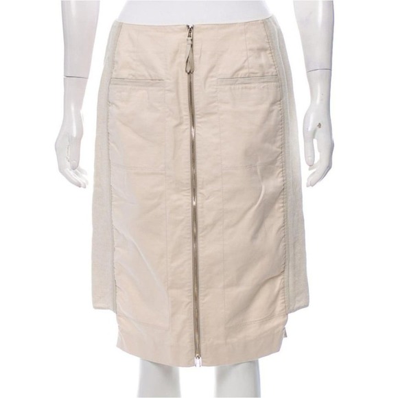 LAFAYETTE 148 Pencil Skirt Knee-Length Cream Tweed Sides Sz 2 Two Way Zip Front - Picture 1 of 9
